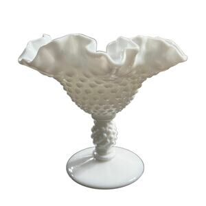 Vintage Fenton Hobnail White Milk Glass Ruffle Edged Compote Bowl Dish Mint Cond